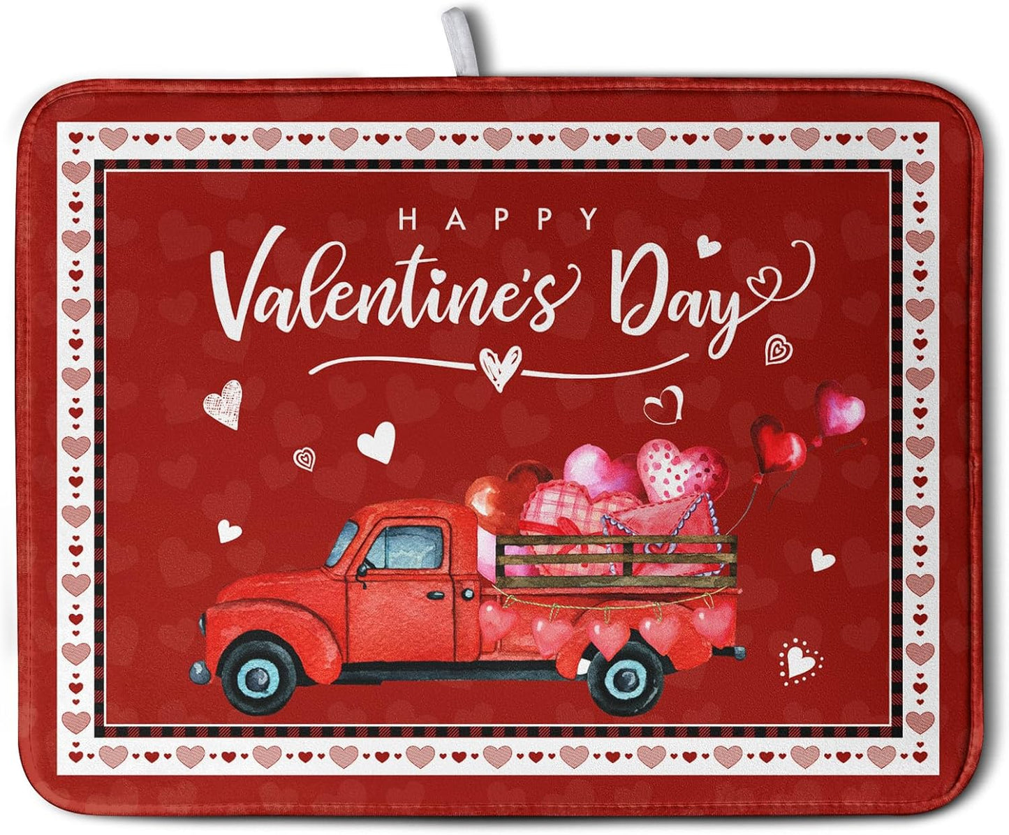 Happy Valentine's Day Dish Drying Mat for Kitchen Red Love Heart Truck Plaid Drying Mats Super Absorbent Dishes Drainer Pad Reversible Microfiber Dish Drying Rack Mat for Kitchen Counter 18x24 Inch