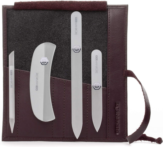GERMANIKURE Gray Crystal Glass Nail File Set in Eggplant Purple Leather Case – Handmade in Czech Republic – Professional Manicure & Pedicure Supplies – Glass Cuticle Stick, Pusher, Moon File