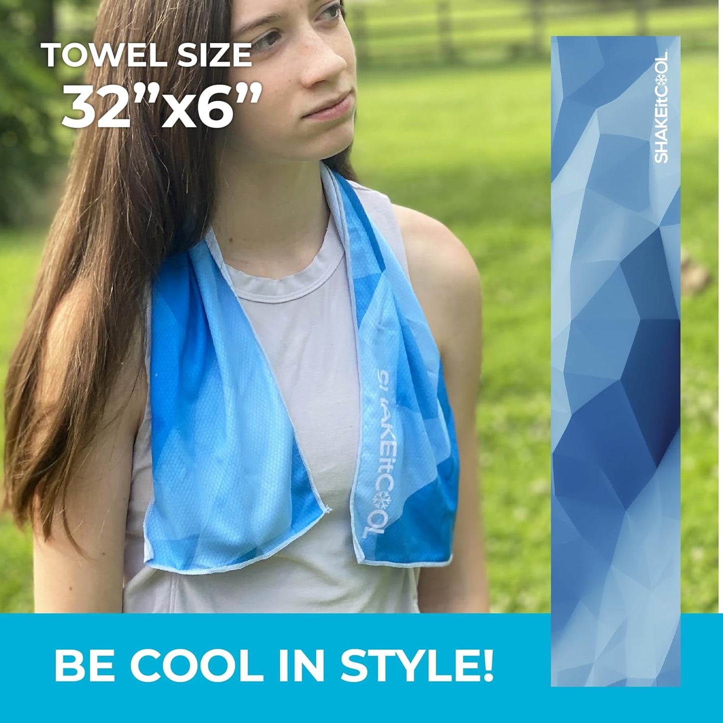 SHAKEitCOOL Original Cooling Towel – Be Cool in Style - Heat Relief, Soft, Lightweight, Sun Protection, Easy Clean - Perfect for Biking, Running, Yoga, Gym, Gardening - Blue Fractal