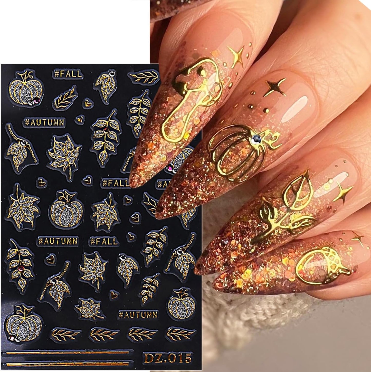 2 Sheets Fall Nail Stickers for Nail Art Glitter Gold Leaf Nail Art Stickers Embossed Autumn Pumpkin Nail Decals 5D Self-Adhesive Diamond Nail Design Sticker for Women Thanksgiving Nails Decoration