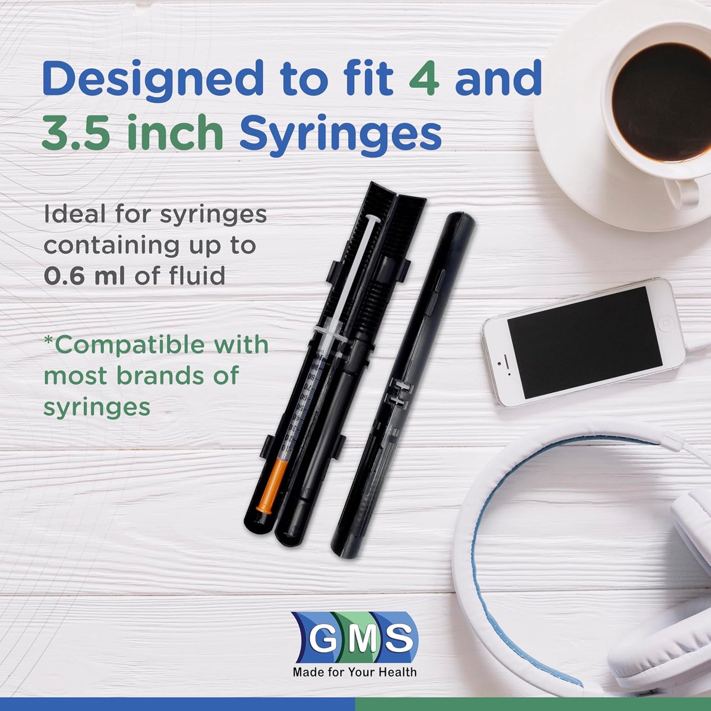 GMS 60 Unit Syringe Case - Holds New, Prefilled & Used Syringes with Needles - Small & Discreet - Ideal for Travel - Sharps Container - 2 Pack - Black and White