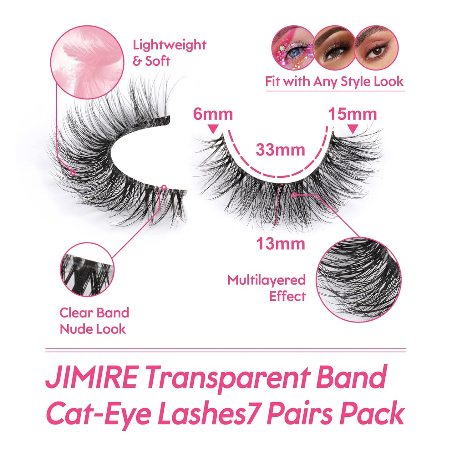 JIMIRE False Eyelashes with Clear Band 3D Fluffy Lashes Demi-wispies Natural Look Cat Eye Faux Mink Fluttery Eyelashes 15MM D Curl Eye Lashes Pack 7 Pairs