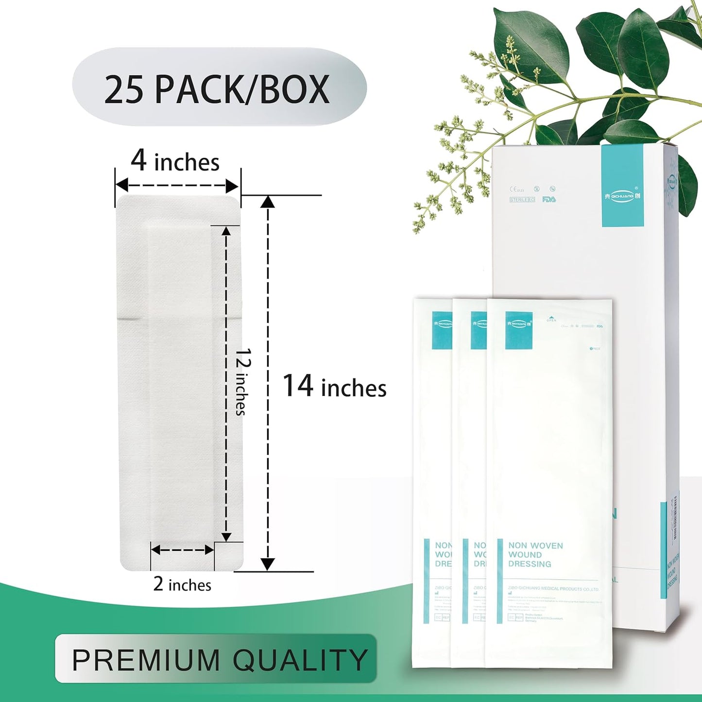 4X14 Inches Extra Large Sterile Adhesive Island Wound Dressing Bandages - Non Woven Bordered Gauze Pads, 25 Individually Pack,Medical Grade by QICHUANG(4X14INCHES-C25)