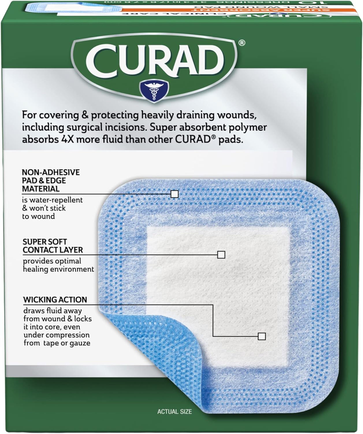 Curad Super Absorbent Wound Pad, Small, 3" x 3", 10 Count, 3 Pack