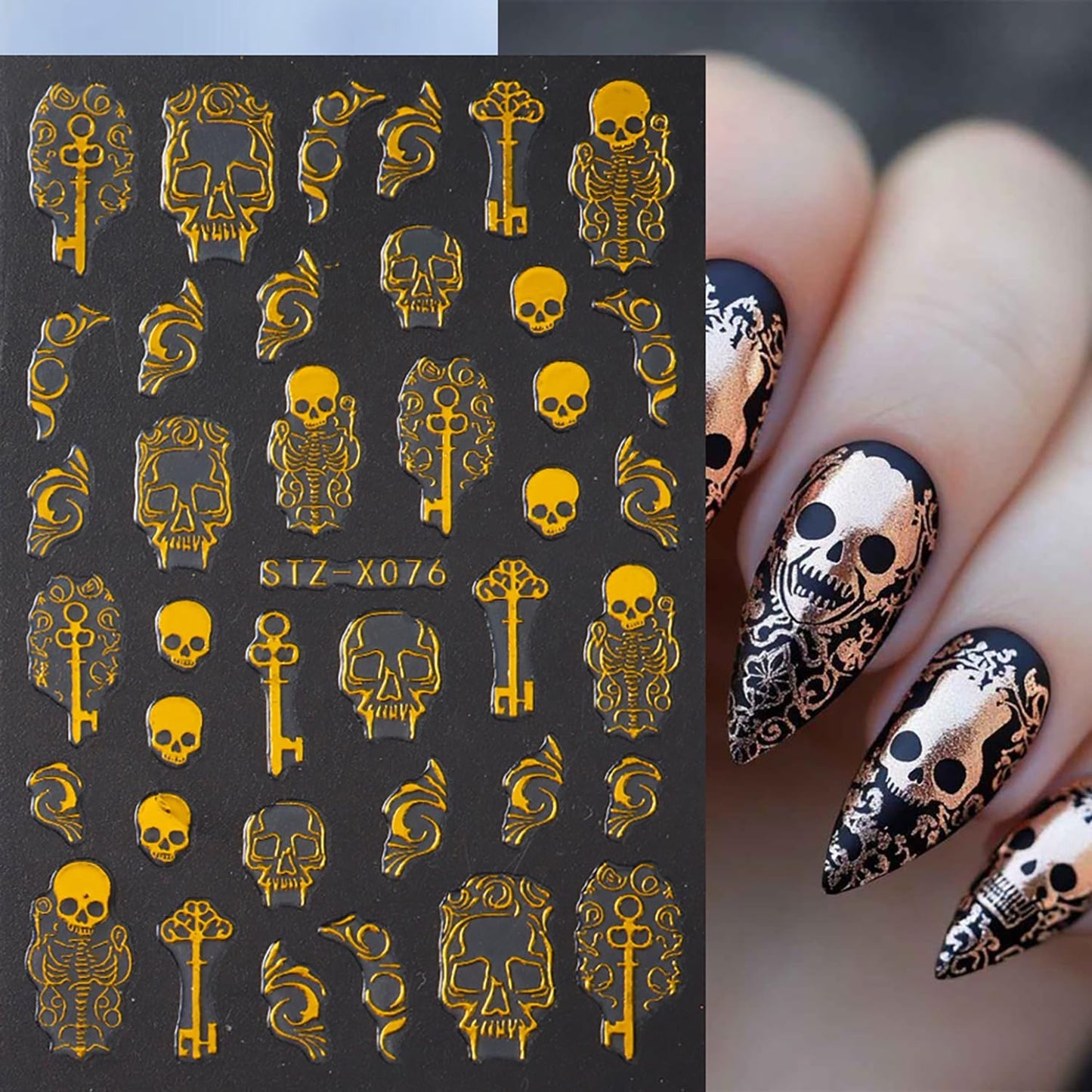 Spooky Halloween Art Nail Stickers Decals Gold Skull Nail Decals 6PCS 3D Self-Adhesive Glitter Spider Web Heart Skeleton Butterfly Design Supply Gothic Festive Stickers for Women DIY Nail Decorations