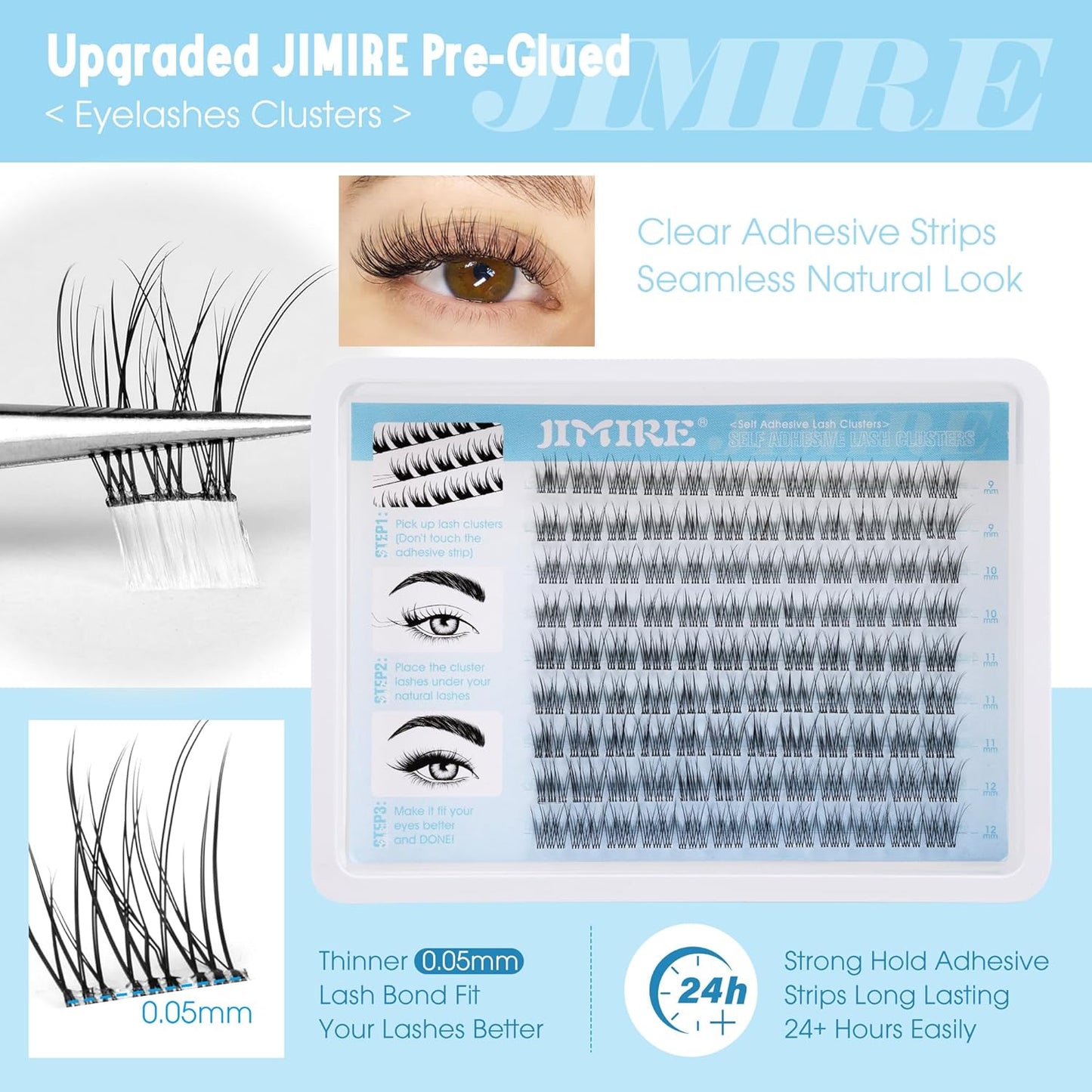 JIMIRE Natural Self Adhesive Eyelashes Wispy Pre Glued Lash Clusters No Glue Needed Press on Lashes Reusable Self Adhesive Lash Clusters Easy to Apply 9-12MM 108Pcs Pack