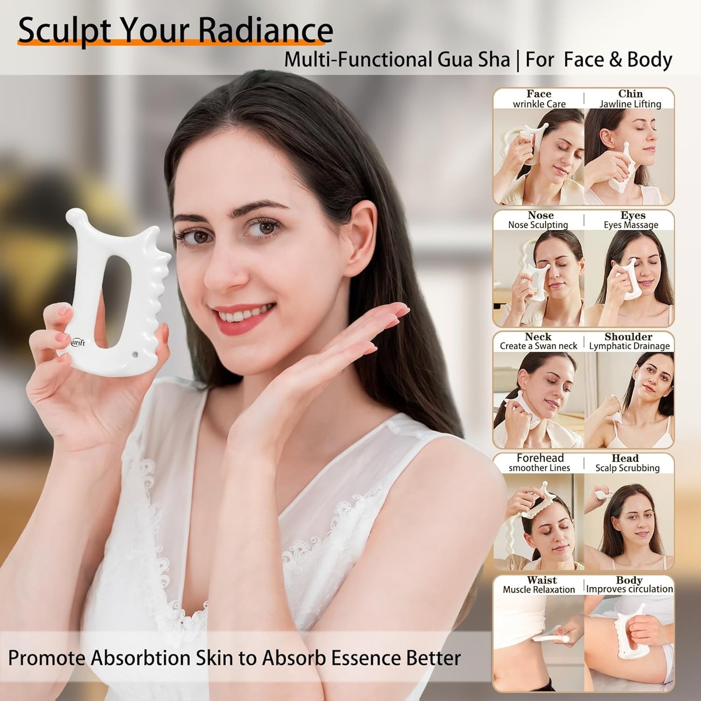 Ceramic Gua Sha Tool for Face & Body - 6 in 1 Manual Facial Massage for Lymphatic Drainage, Jaw Lifting, Puffiness Care, Neck Massage for Stress Relief - Home Self Care,Gift for Mum Wife White