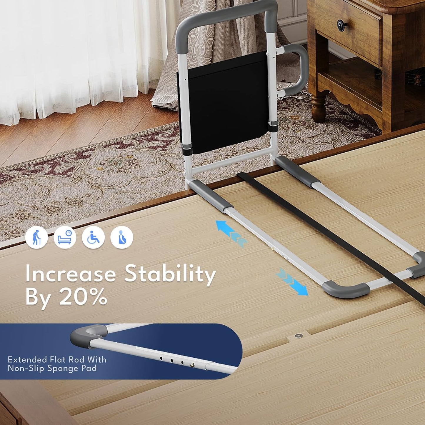 HOMEAL Bed Rails for Elderly Adults Safety, ASTM Approved Adjustable Bedside Assist Rail for Seniors, Non-Slip Ergonomic Handle & Reinforced Support Bar, 350lb Tested, Motion Light & Fixing Strap(Grey