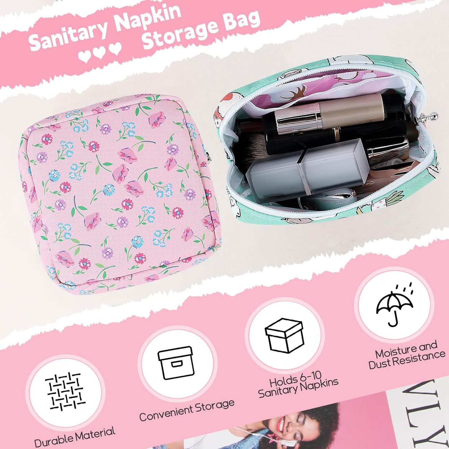 Desing Wish Period Bag Pouch Soft Cloth Sanitary Napkin Storage Bag Portable Menstrual Pad Pouches Tampon Holder for Purse First Period Kit for Girls 9-12 (Mixed Black-White Check)