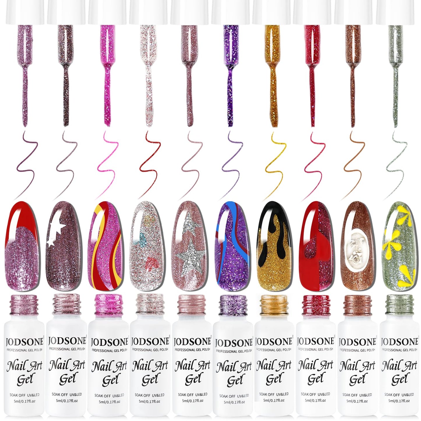 JODSONE Nail Art Gel Liner Set 10 Colors Glitter Purple Gold Green Gel Nail polish Need U V Lamp Cured with Thin Brush at Home Salon Design