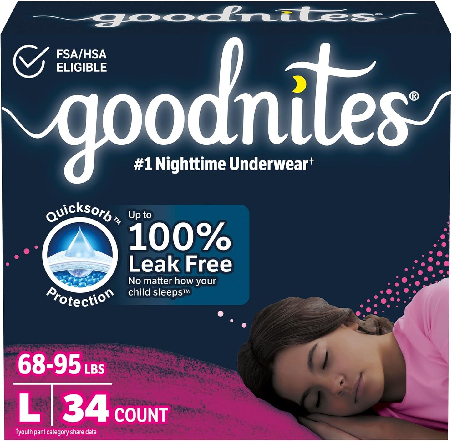 Goodnites Girls' Nighttime Bedwetting Underwear, Size Large (68-95 lbs), 34 Ct (2 Packs of 17), Packaging May Vary