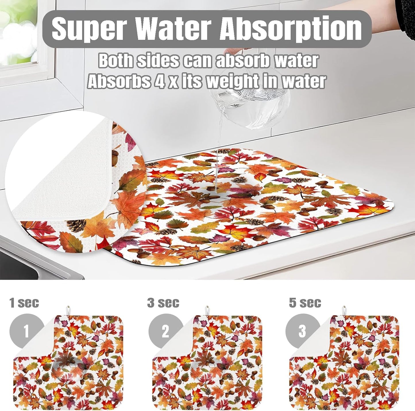 Dish Drying Mat for Kitchen Counter Large 18" x 24" Fall Leaves Absorbent Microfiber Dishes Drainer Rack Mats Pad Reusable Washable