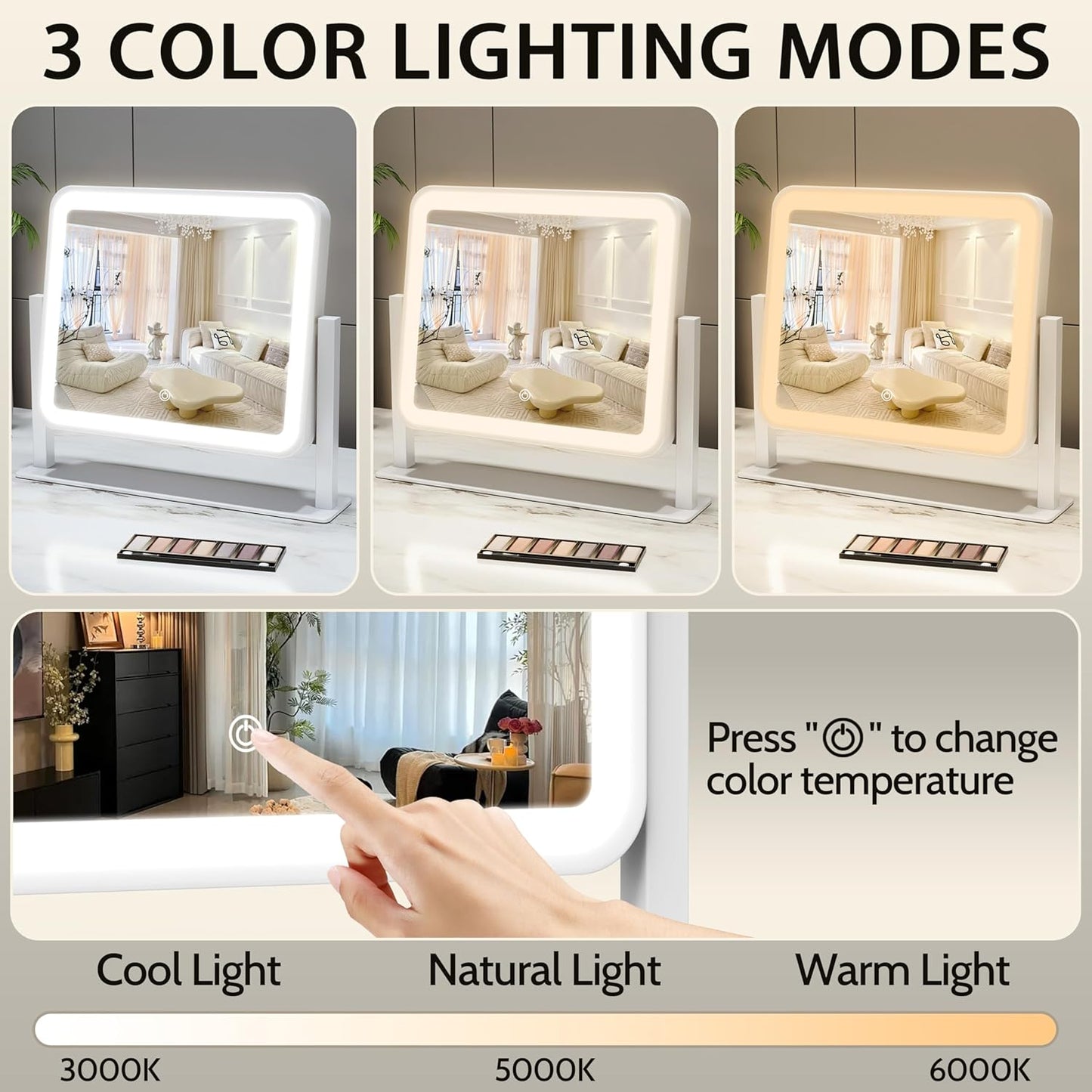 14"x12"Vanity Mirror, Lighted Makeup Mirror for Vanity Desk, Smart Touch Control, 360° Rotation, 3-Color Modes, Bedroom, White