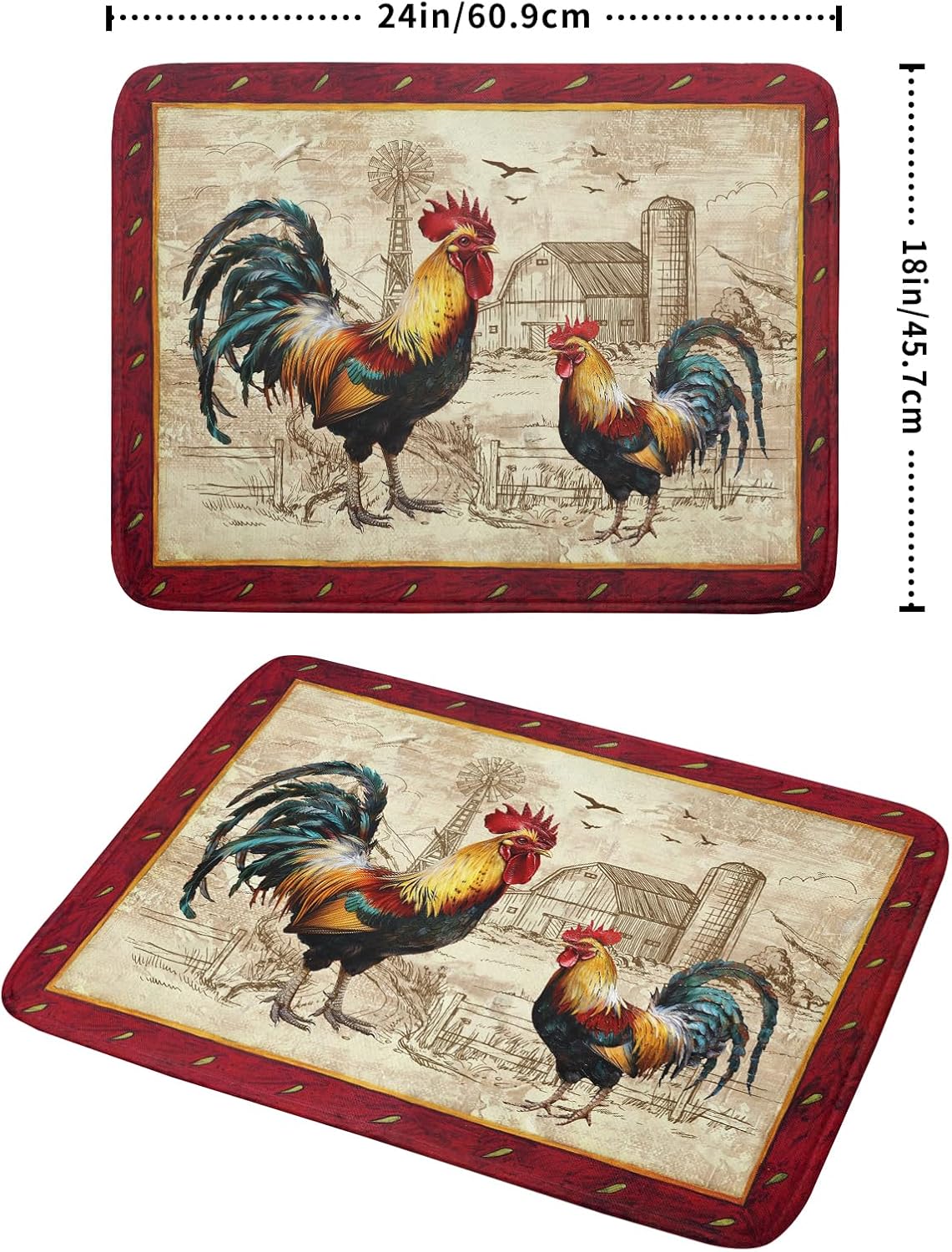 Farm Rooster Dish Drying Mat for Countertop 18x24 Inches Red Rustic Chicken Absorbent Microfiber Dry Dishes Pads Kitchen Counter Accessories