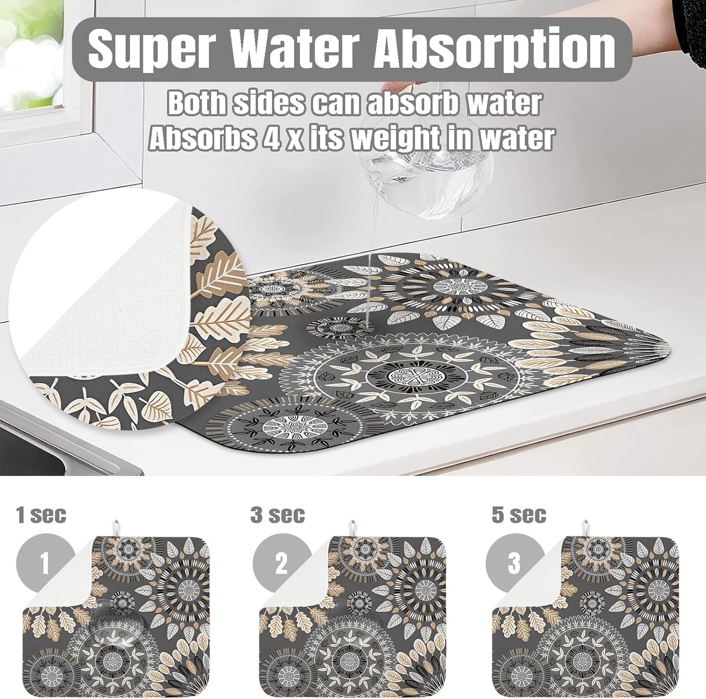 Dish Drying Mat for Kitchen Counter Large 18" x 24" Mandala Absorbent Microfiber Dishes Drainer Rack Mats Pad Reusable Washable