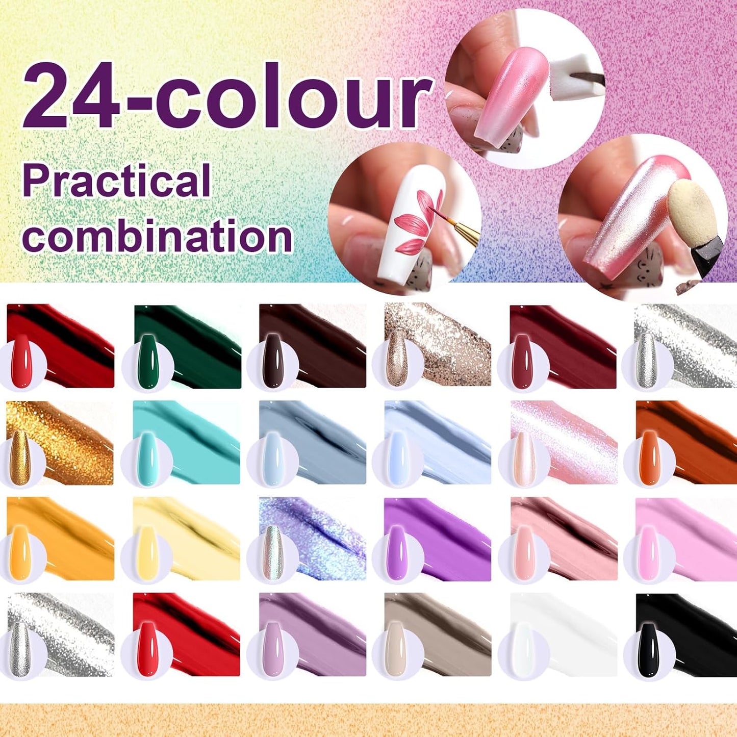 Gradient Painting Gel, 24 Gliter Colors Ombre Gel Nail Polish for Pigment Pat Silver&Gold Aura Nails, French Manicure DIY Nail Art Long-lasting No-wipe Palette C