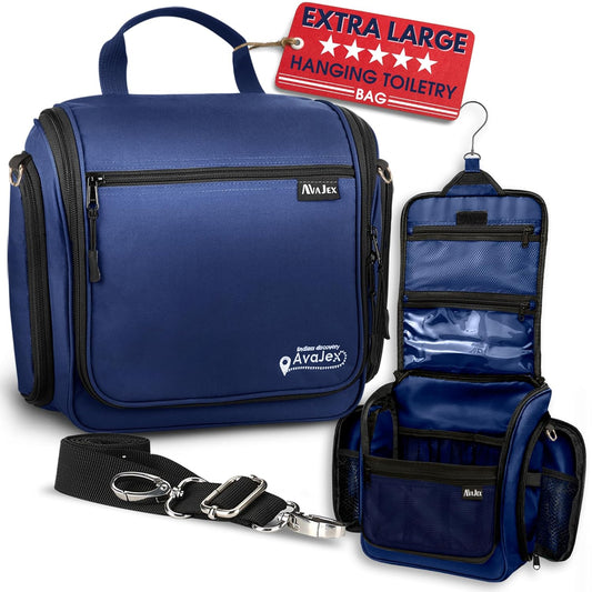 Extra Large (11.8”x11.8”x4”) Hanging Travel Toiletry Bag for Men and Women - Cosmetic Travel Bag With Shoulder Strap - Waterproof Hygiene Bag with Metal Swivel Hook and 19 Compartments for Toiletries