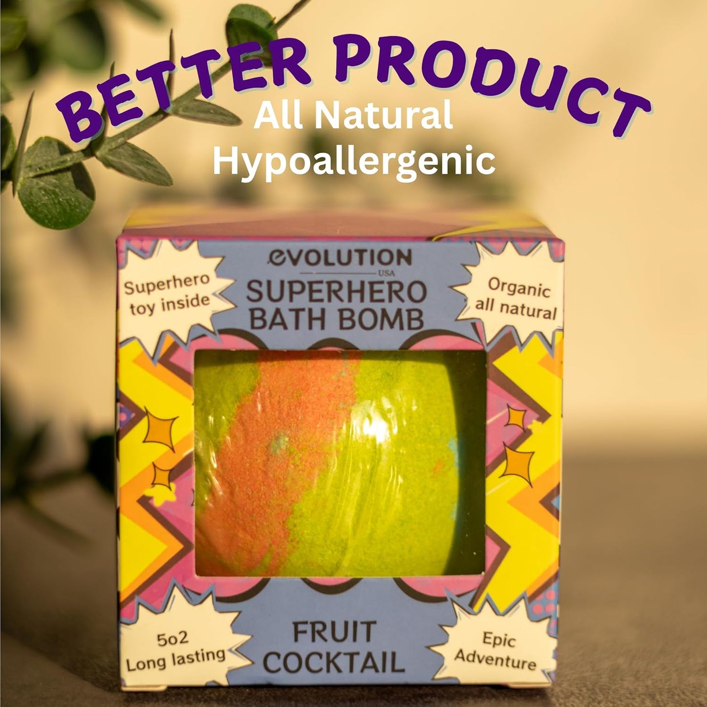 EvolutionUSA 1pc Purple Epic Superhero Bath Bombs for Kids, Super Hero Bath Bomb with Toy Inside, Lush Children Bathbomb, Organic Bathbomb with Surprise Inside, Fizzy Fun Superhero Bath Ball