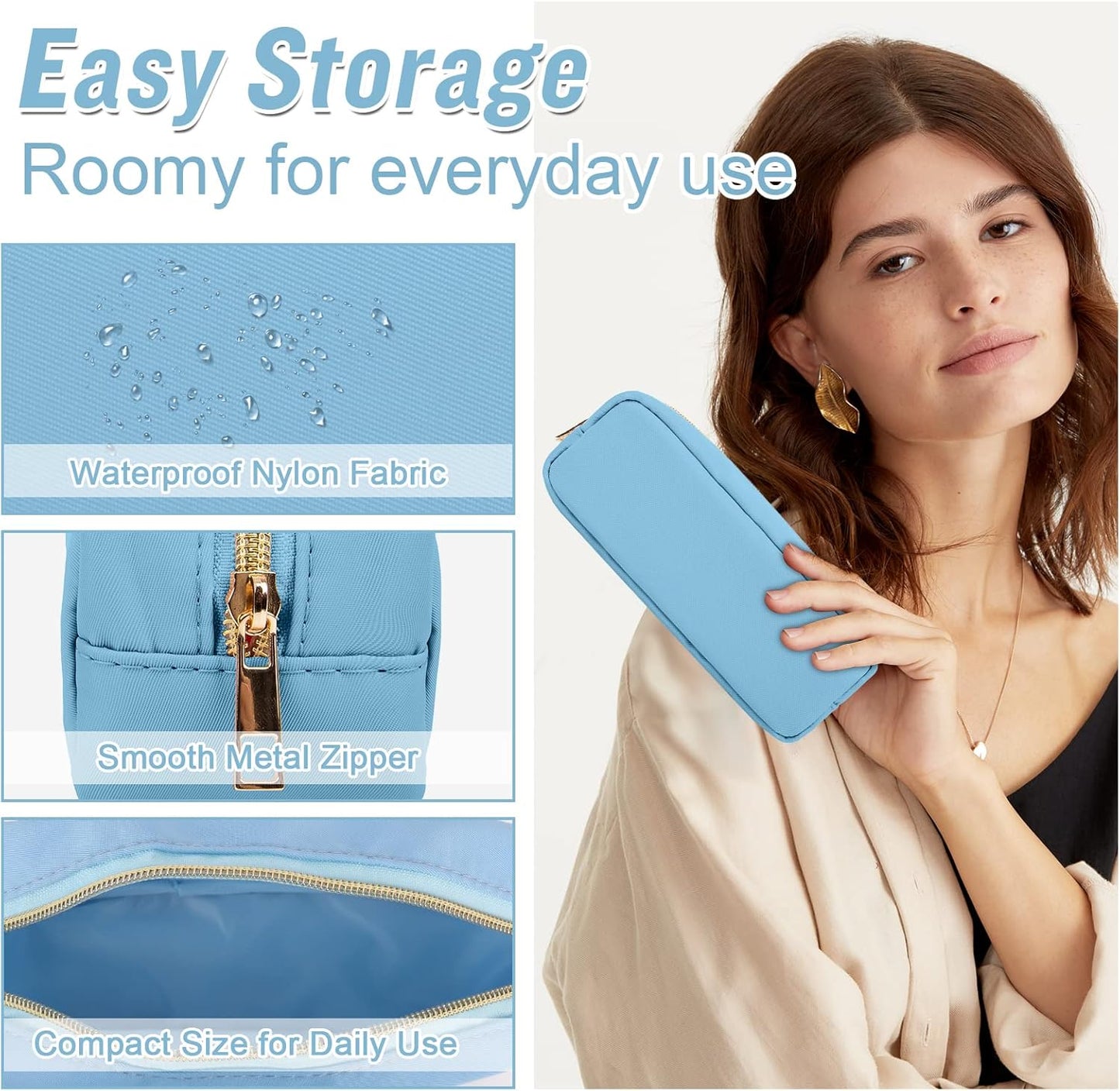 Izuzta Nylon Small Makeup Bag Slim Pouch, Preppy Cute Brush Case, Cosmetic Zipper for Purse, Waterproof Travel Toiletry Clutch Coin Organizer for Women Girls (Blue)