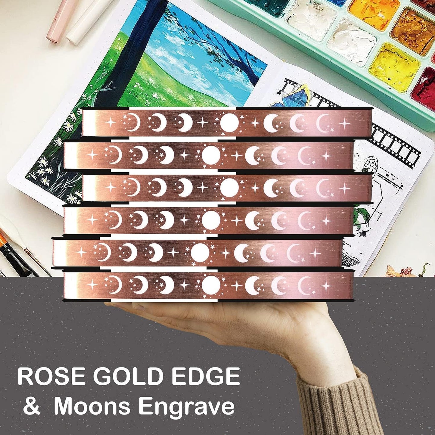 BUKE Medium A5 Hardcover Notebook Dotted Journal - 180Gsm Thick Bamboo Paper - 160 Dot Grid Pages 5x5 MM - Black Color Faux PU Leather Cover - Rose Gold Edge And Moons (A5, Black)