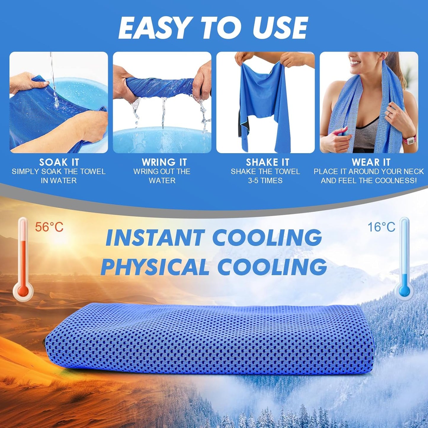 Cooling Towels for Neck and Face - 12Pack 47x12 Inch Ice Cold Microfiber Towels, Soft & Breathable Cooling Towel for Hot Weather, Sports, Yoga, Workout, Running, Golf, Camping