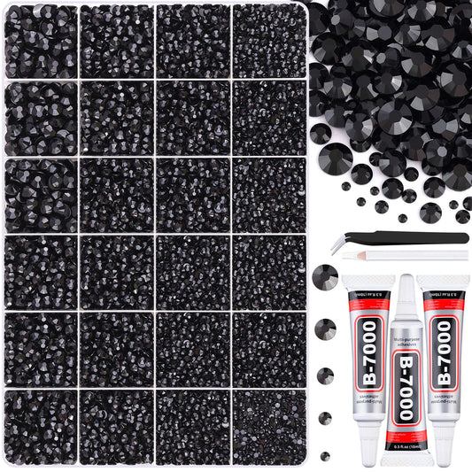 30000Pcs Resin Black Rhinestones for Bedazzling Crafting with b7000 Jewelry Glue, Bulk Flatback Gems Bedazzler Kit for Crafts Clothes Shoes Fabric Nail Diamond Art, Assorted Size 2/3/4/5/6mm