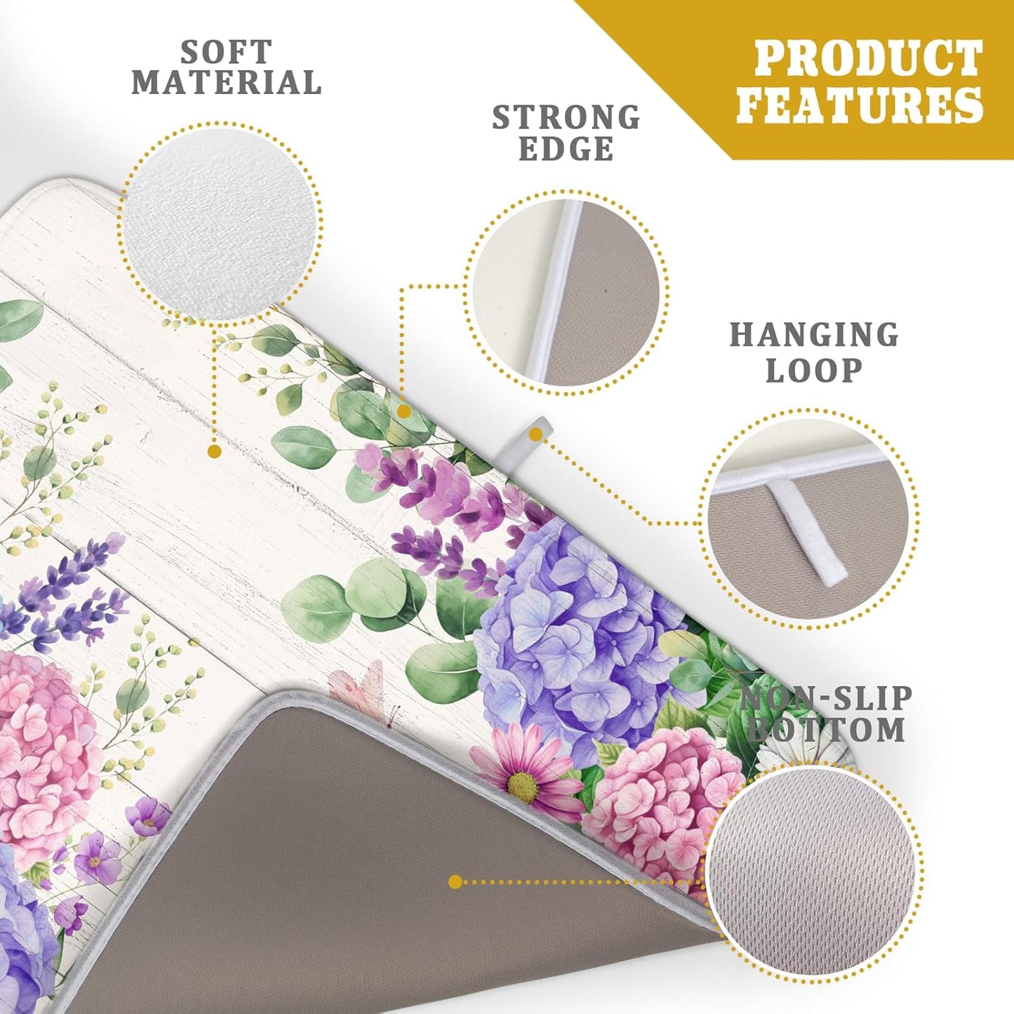 Hydrangea Floral Dish Drying Mat 18x24 inch Spring Summer Decorative Fast Dry Dishes Draining Mats Absorbent Microfiber Drainer Rack Pad