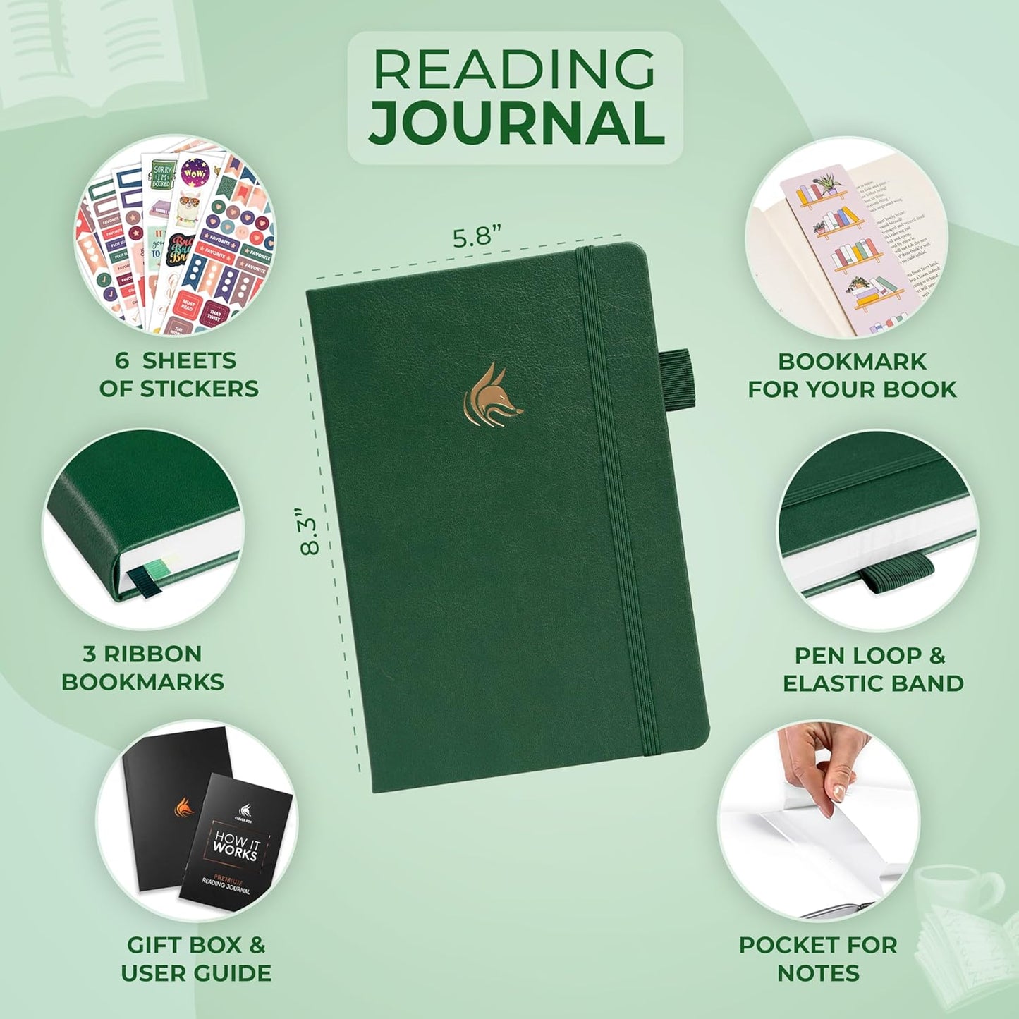 Clever Fox Reading Journal Premium – Review Log Notebook with Reading Tracker – Gifts & Accessories for Book Lovers, Adults & Kids (Forest Green)