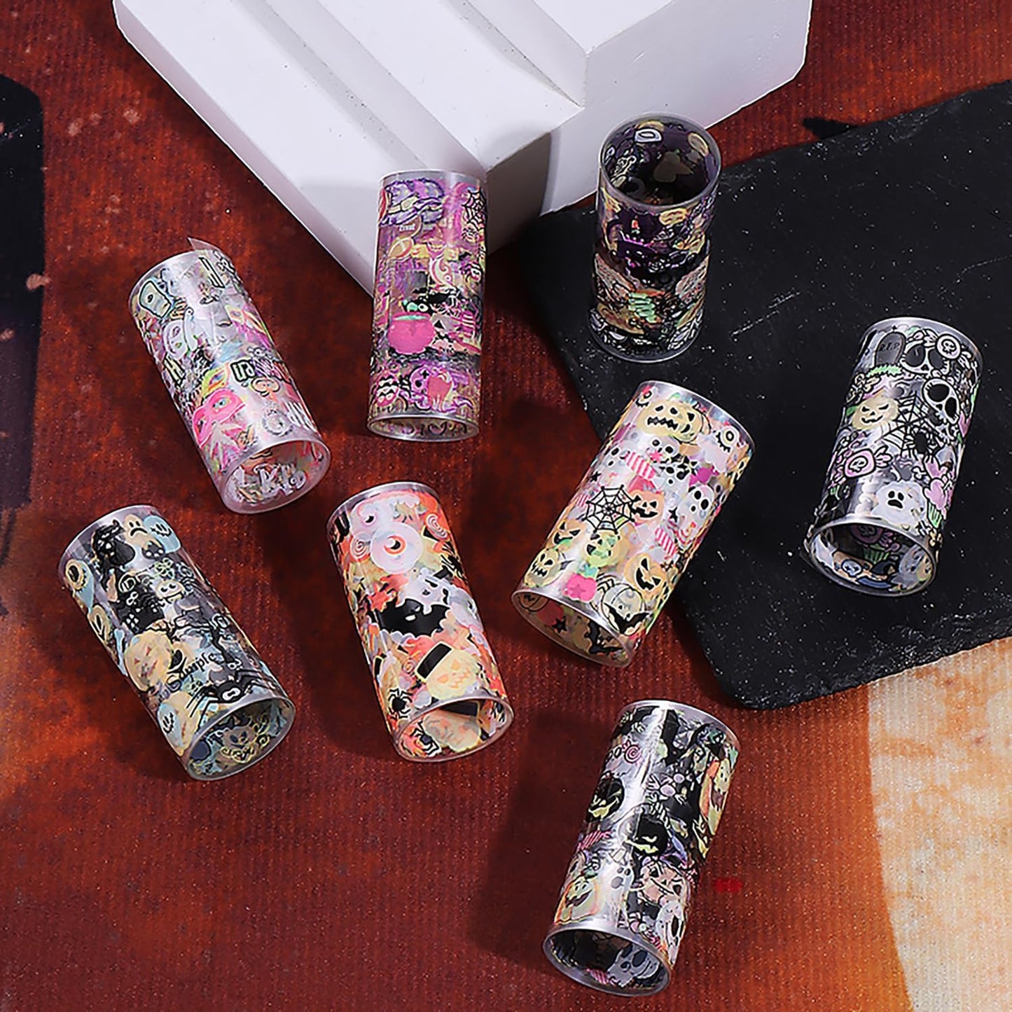 Halloween Nail Foil Transfers Stickers 10 Rolls Cartoon Design Halloween Nail Art Foils Decals Ghost Pumpkin Spider Bat Nail Transfer Foil Cute Nails Supplies Set for Women DIY Manicure Decorations