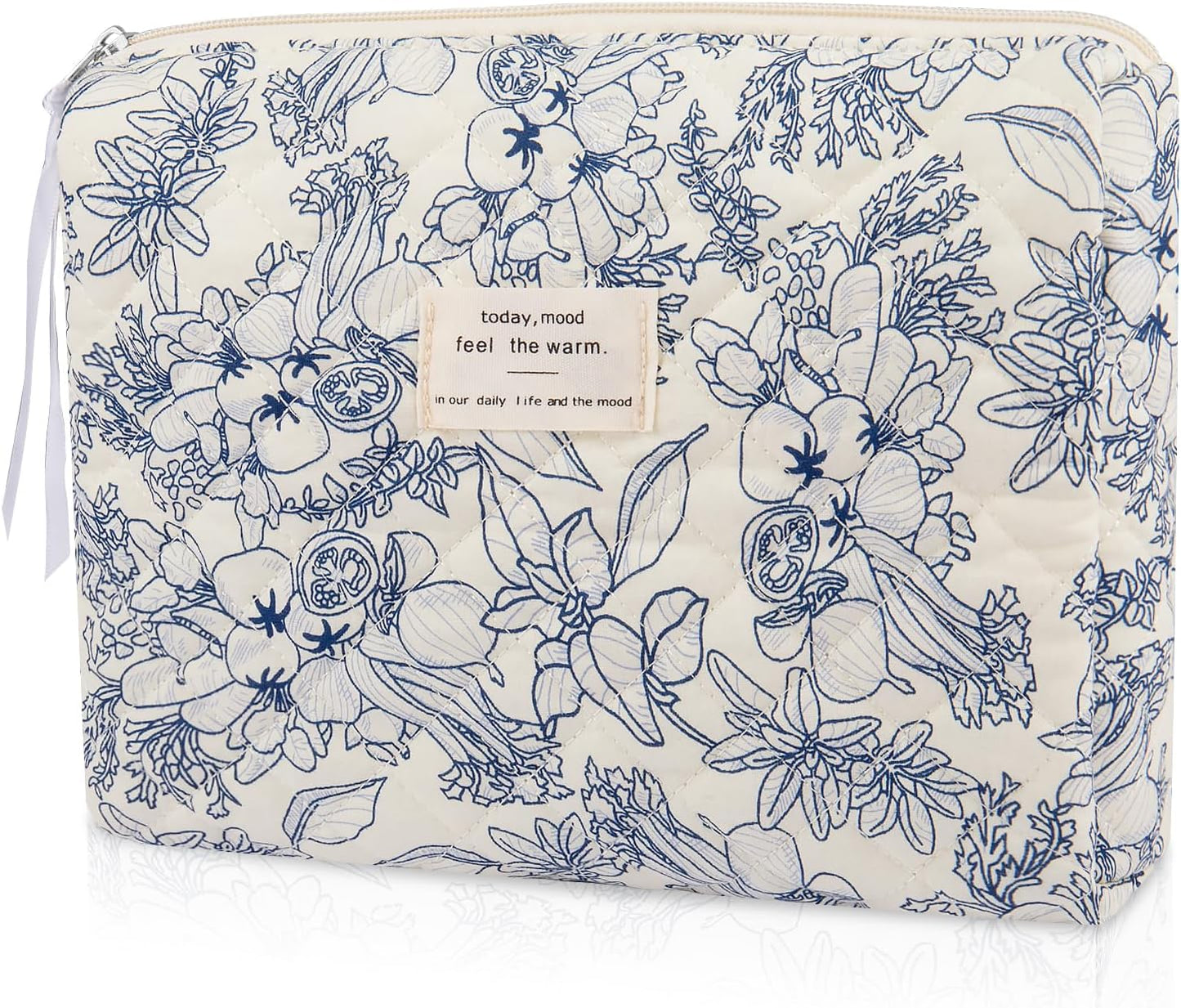 Floral Makeup Bag, Small Cosmetic Bag for Women Girls, Cute Cotton Makeup Bag, Quilted Makeup Bags, Flower Travel Toiletry Organizer Bag(Navy Blue)