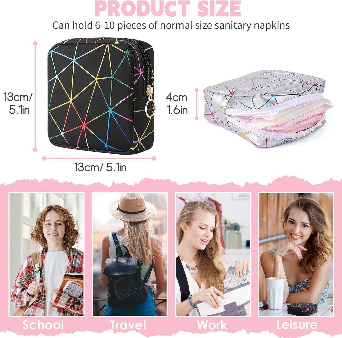 Desing Wish Sanitary Napkin Storage Bag, Menstrual Cup Pouch Nursing Pad Holder Tampon Bags Feminine Product Pouches Portable Period Kit Bag for Girls Women Ladies 2 Pack (Dazzling Black/Silver)