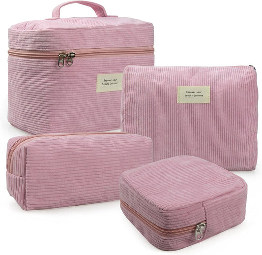 4 Pcs Makeup Bag for Women Corduroy Cosmetic Bag Aesthetic Cute Bags Multi Size Purse Pouch Travel Toiletry Bag Set Makeup Organizer with Zipper (PinkCorduroy)