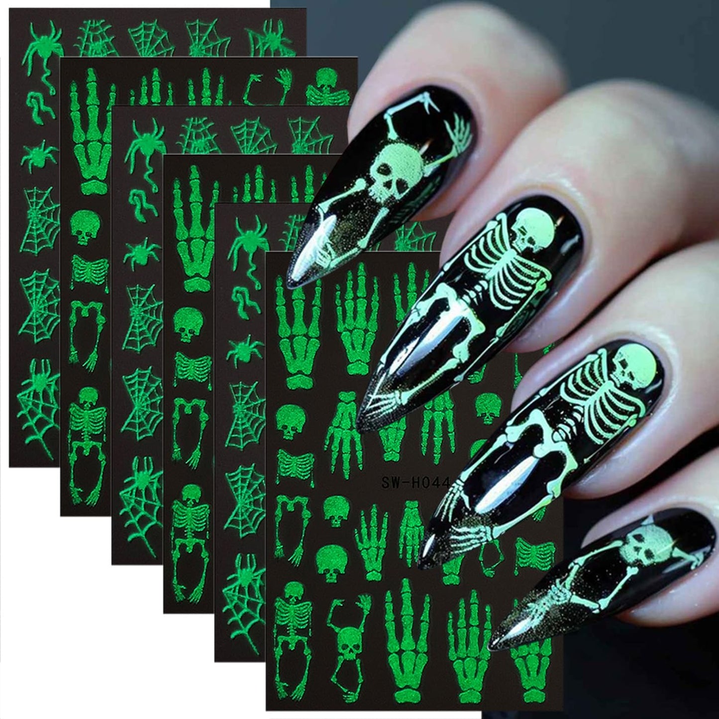 6 Sheets Halloween Nail Decals for Nail Art Glow in The Dark Spider Web Skeleton Nail Art Stickers Hand Bones Skull Nail Stickers 3D Self-Adhesive Spider Nail Supplies for Women Holiday Nails Designs
