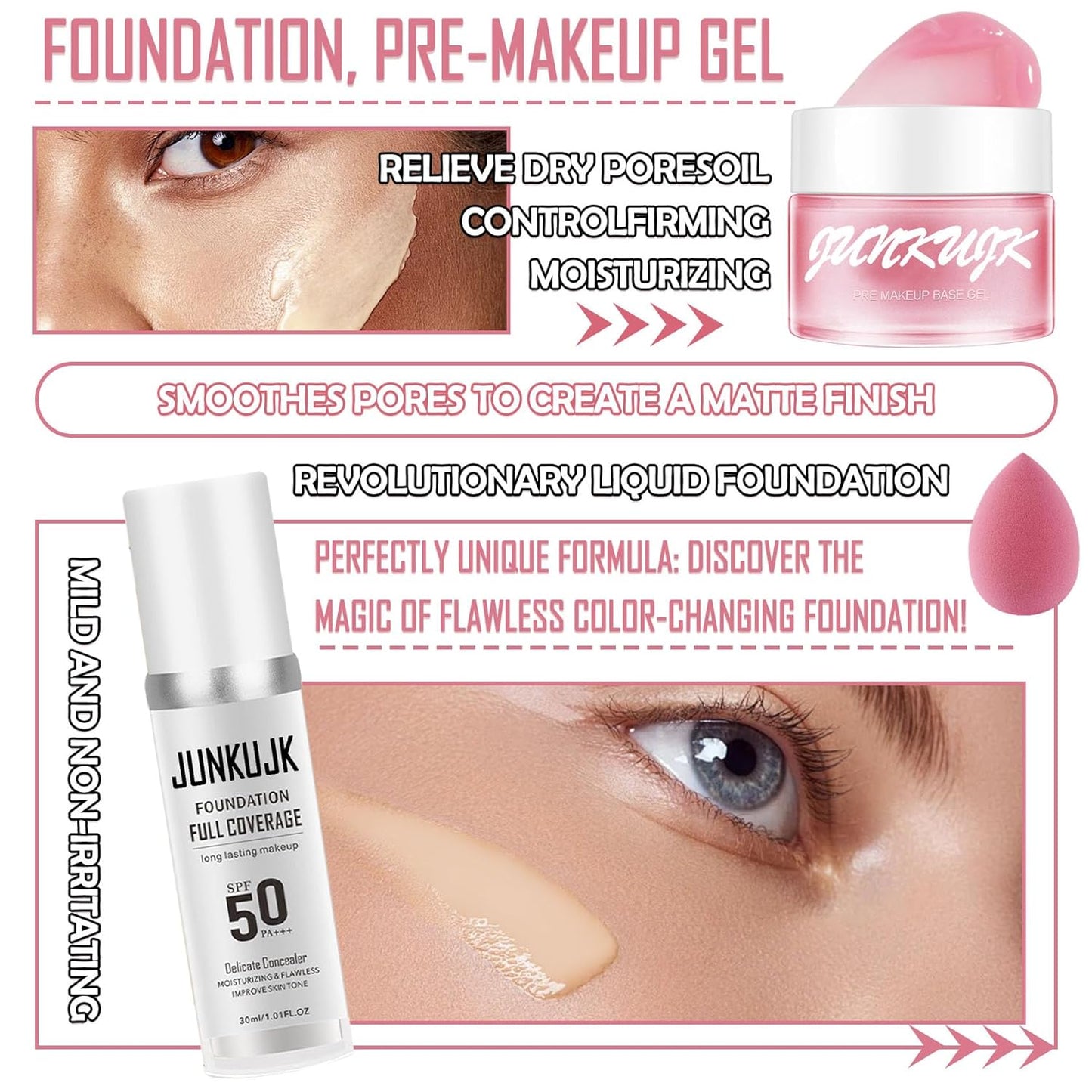 Color Changing Foundation Set,Flawless Liquid Foundation Full Coverage with Makeup Base Gel & Makeup Sponge Egg