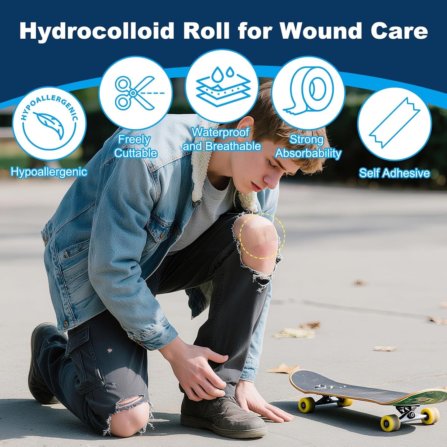 Hydrocolloid Roll for Wound Care - Extra Large Hydrocolloid Patch Bandages with Self-Adhesive, Ultra Absorbent, Flexible & Waterproof, First Aid Kit Essential (2in*16ft)