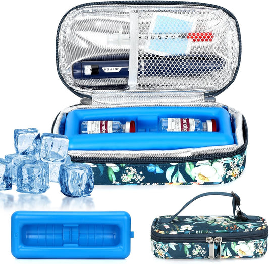 Insulin Cooler Travel Case – TSA Approved Diabetic Medication Vial Cooling Bag, Refrigerated Diabetes Supplies Organizer, Portable Mini Cooler Case with Protective Ice Brick (Camellia)