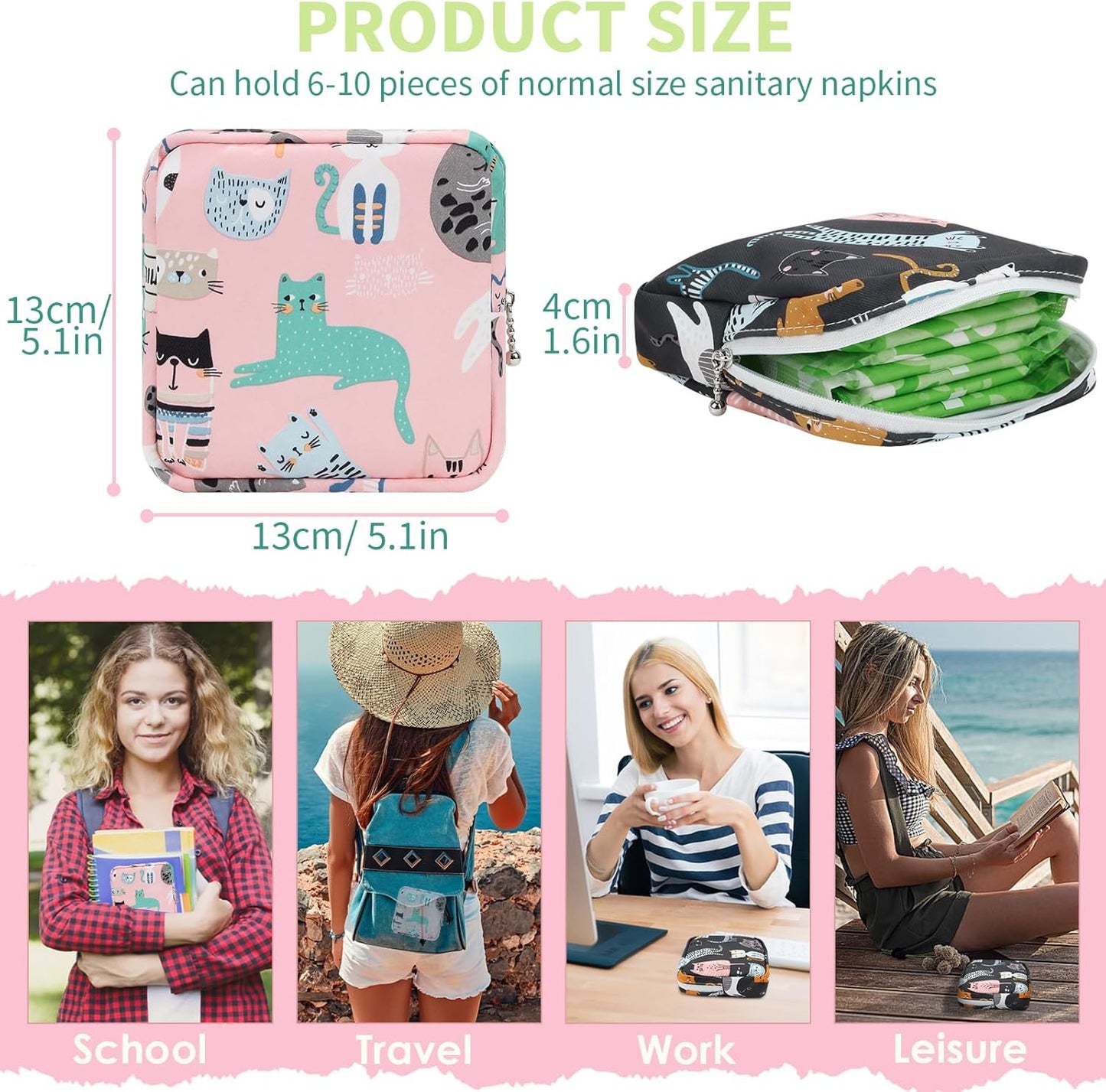 Desing Wish Period Bag Sanitary Napkin Storage Bag for Feminine Pads Panty Liners Tampons and Reusable Pads, Sanitary Pads Pouches First Period Kit for Teen Girls/Women 2 Pack (Pink/Grey Cat)