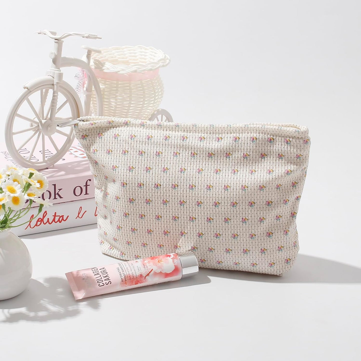 Cosmetic Bags for Women - Corduroy Cosmetic Bag Aesthetic Women Handbags Purses Smile Dots Makeup Organizer Storage Makeup Bag Girls Case Bags (Flowers-Apis)