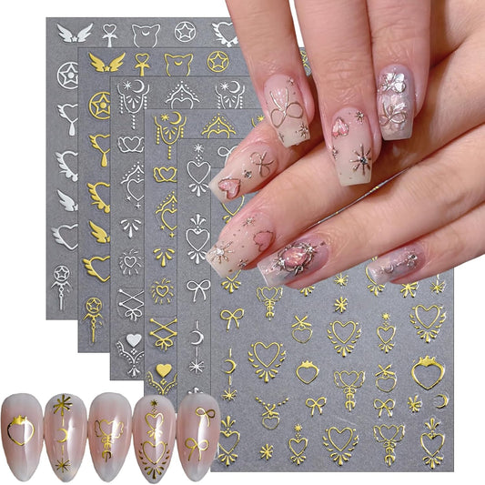 6 Sheets Love Bow Nail Art Stickers 3D Self-Adhesive Metallic Sweetheart Girl Armor Nail Sticker Retro Gold Sliver Starlight Glitter Nail Design Sticker for Women Girls Acrylic Manicure Decorations