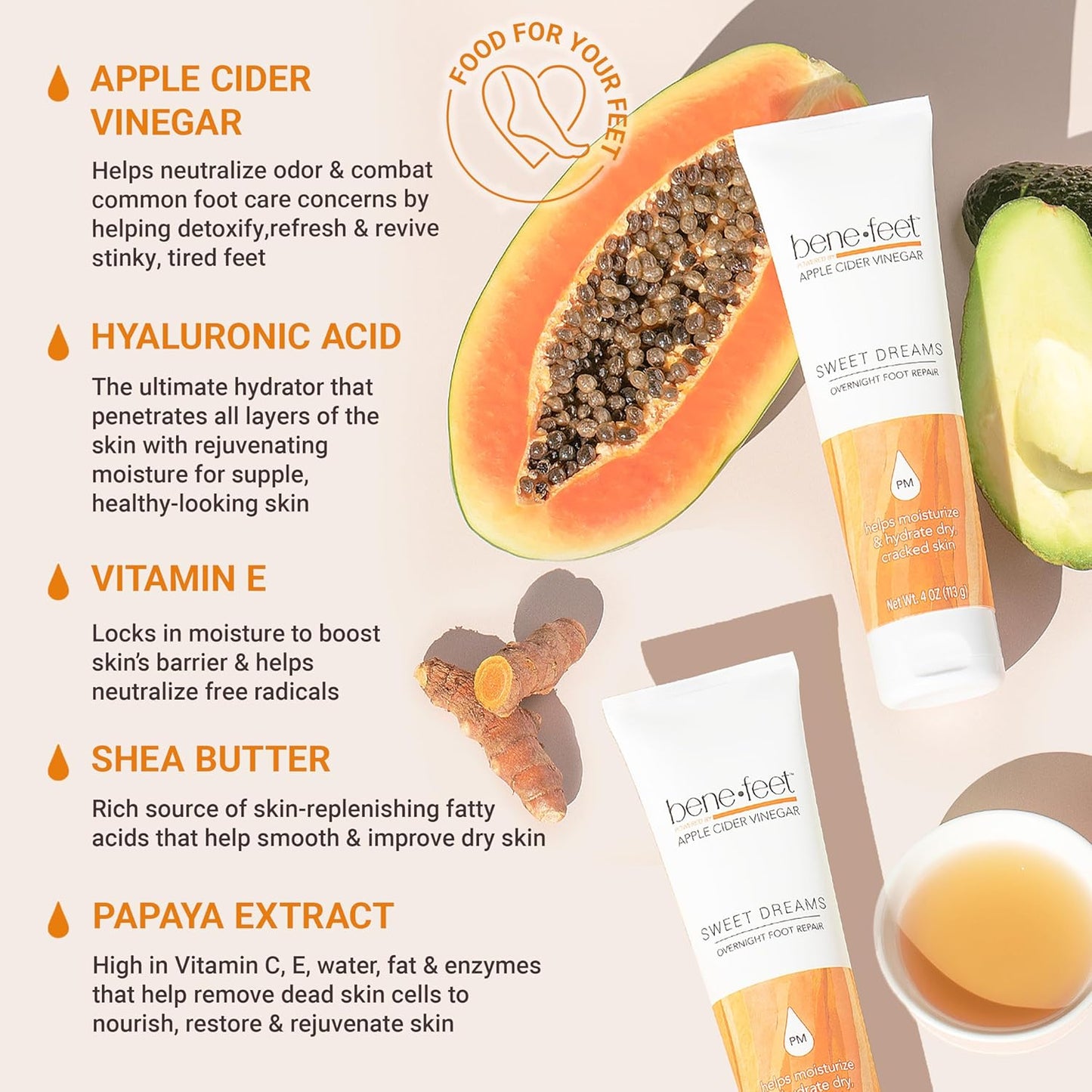 Benefeet Sweet Dreams Overnight Foot Repair - Night Cream for Detox, Moisturize & Soften Dry Cracked Skin, With Apple Cider Vinegar, Turmeric & Borage Oil, 4oz (2 Pack)