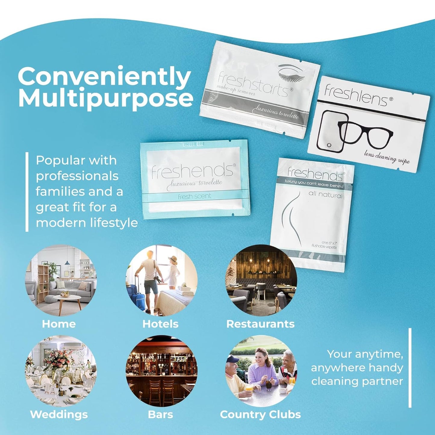 Freshends Flushable Individually Wrapped Wipes – 50 Bulk Pack Luxurious Towelettes, Guest Bathroom Essentials for Weddings, Restaurants, Bars & Clubs – Olive, Travel-Size, Disposable