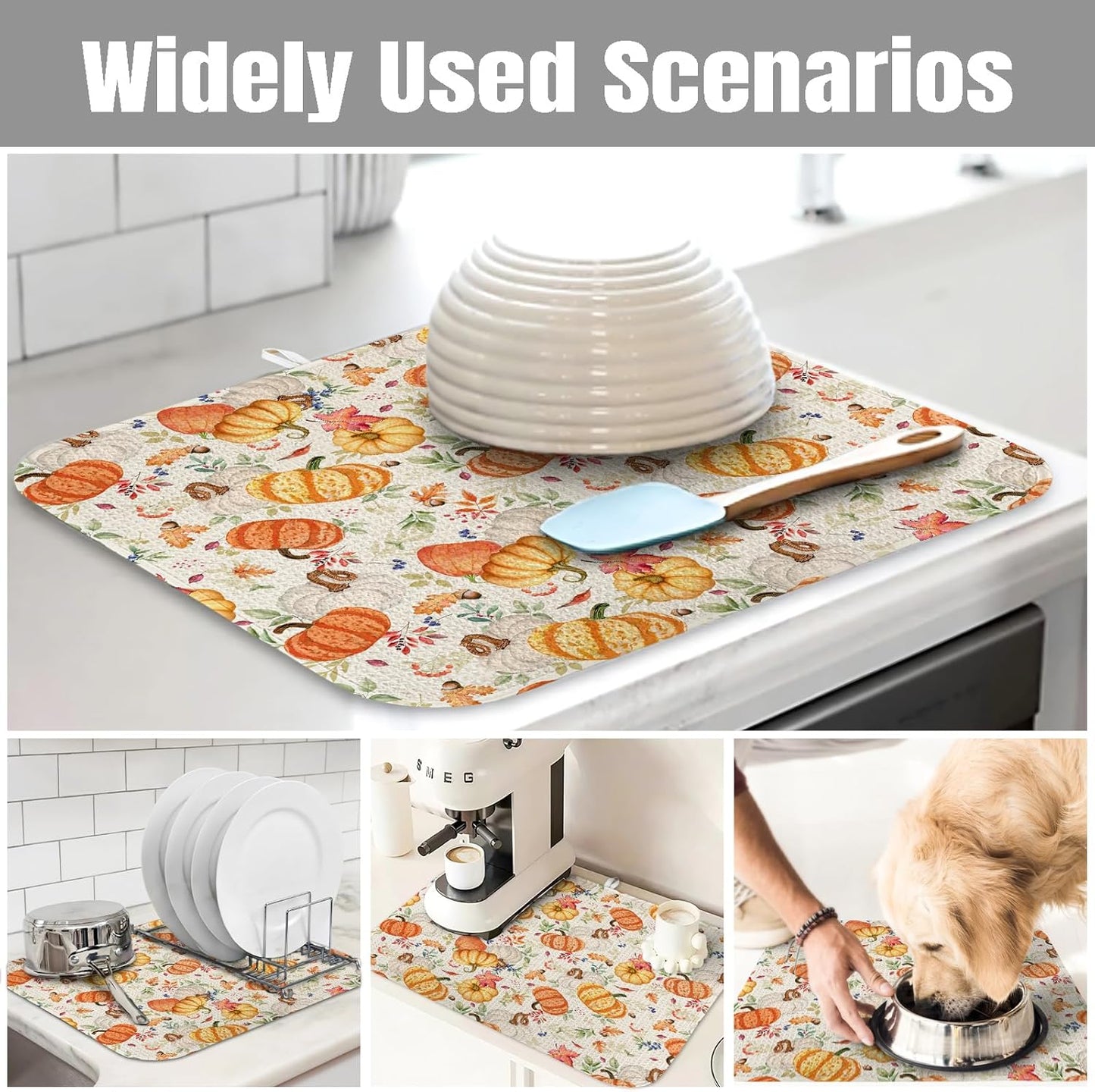 Dish Drying Mat for Kitchen Counter Large 18" x 24" Fall Pumpkin Absorbent Microfiber Dishes Drainer Rack Mats Pad Reusable Washable