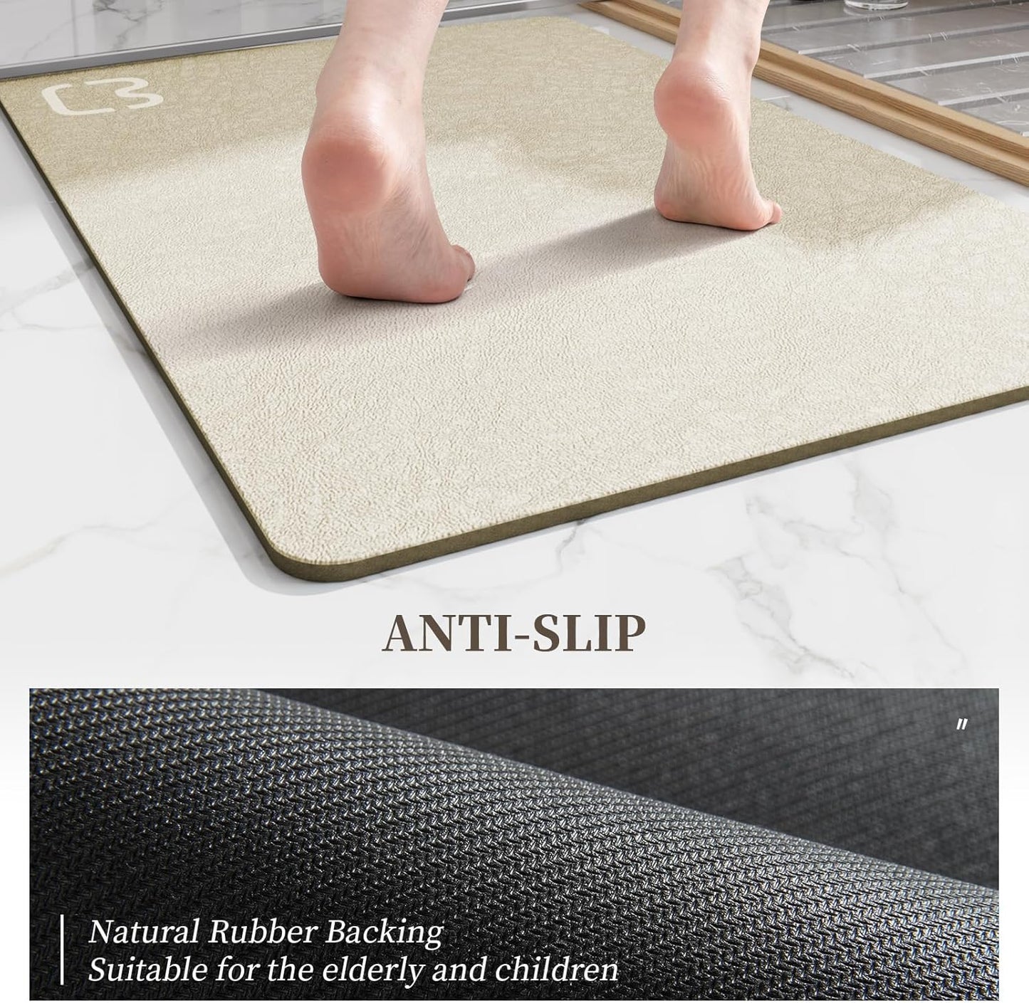 2 Piece Bathroom Mat Rugs Set - Quick Dry Absorbent Diatomaceous Earth Bath Mat Non-Slip Bathroom Floor Mat with Rubber Backing, Thin Bathroom Rugs Fit Under Door, 15.7x23.6+15.7x47.2 Inch, Beige