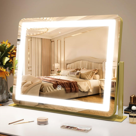 Gold Vanity Mirror with Lights - Smart Touch Dimming, 3-Color Lighting, 360° Rotatable Desktop Makeup Mirror for Desk, 22"x17"