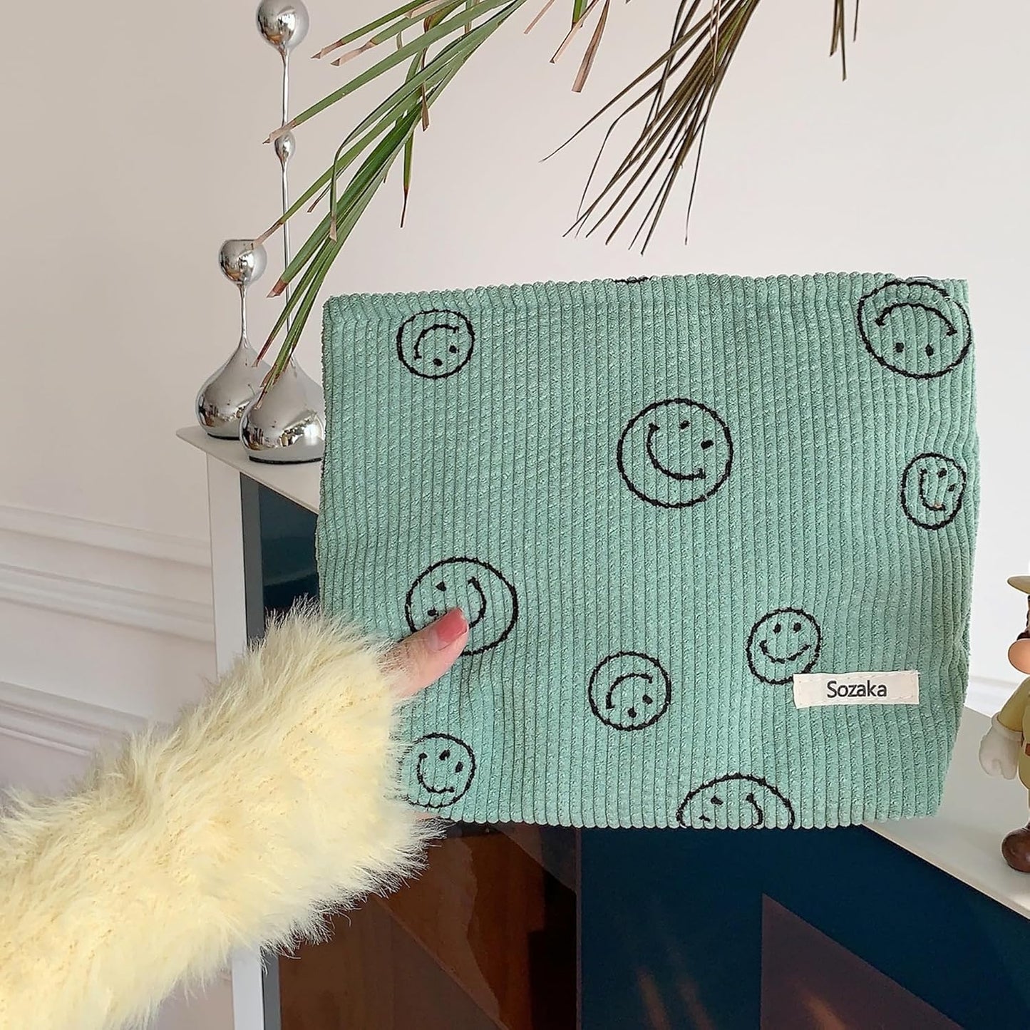 Cosmetic Bags for Women - Corduroy Cosmetic Bag Aesthetic Women Handbags Purses Smile Dots Makeup Organizer Storage Makeup Bag Girls Case Bags (A-Green)