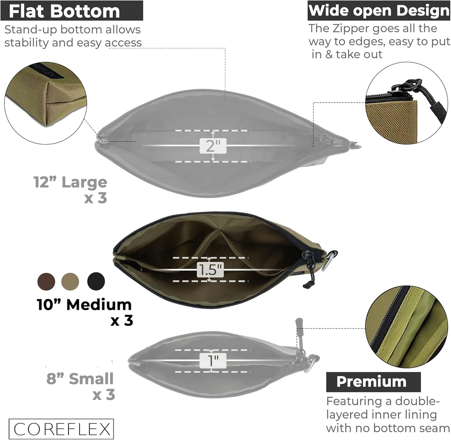 COREFLEX Premium Tool Pouch Zipper Bag, Small Tool Bag, Multipurpose Storage pouch, Heavy duty Flat Bottom Tool bag with YKK Zipper (3 pack Medium 10inch)