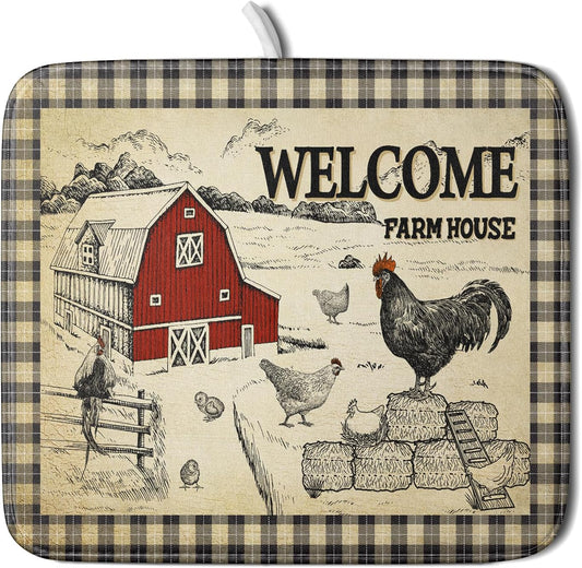 Farmhouse Rooster Dish Drying Mat 16x18 Inch Country Chicken Absorbent Dish Drainer Mat Reversible Countertops Protector Pad Kitchen Accessories