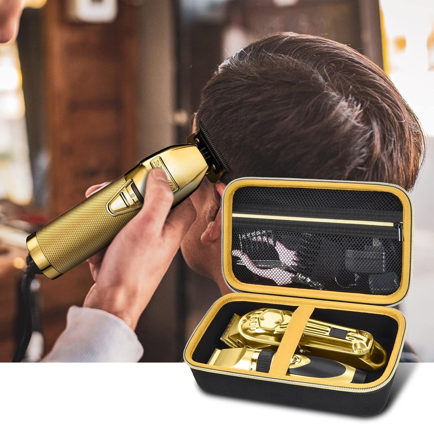 Case Compatible with Hair Clipper Barber, Trimmer Travel Storage Organizer for T Finisher Liner, Comb Cutting Guide, Clipper Blade Oil, Cleaning Brush and Other Grooming Kit - Black Case+Gold Zipper