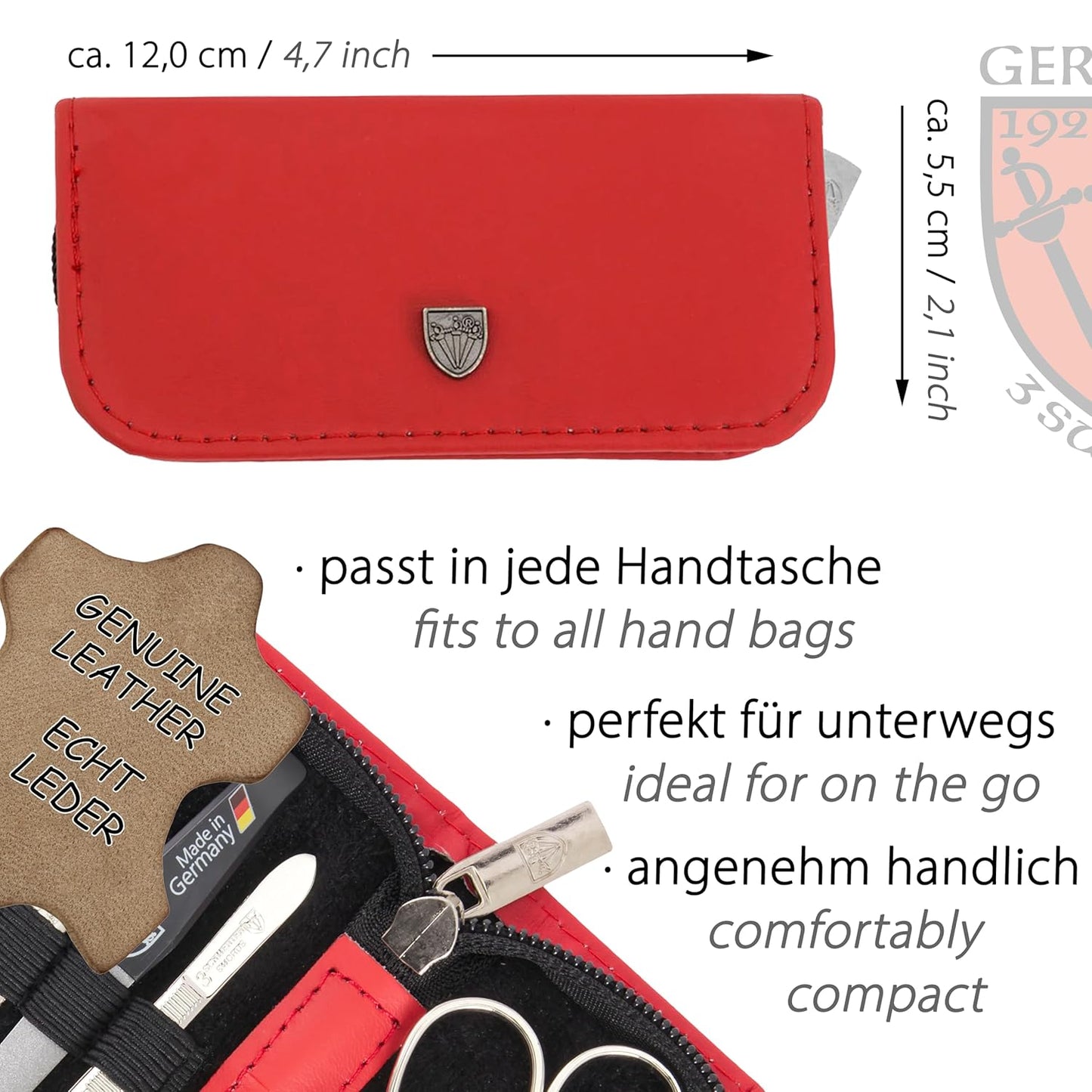 3 Swords Germany - brand quality 5 piece manicure pedicure grooming kit set for professional finger & toe nail care scissors clipper genuine leather red case in gift box, Made in Germany