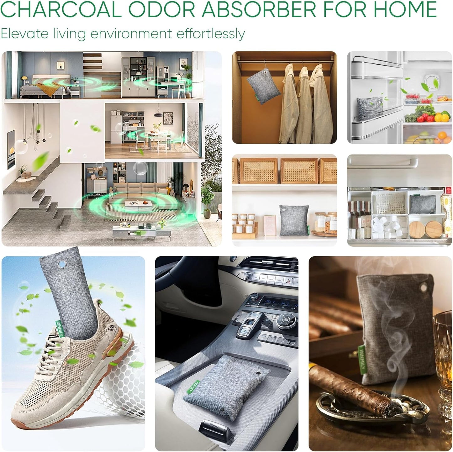 Activated Charcoal Odor Absorber,Large 500g W Hooks Nature Odor Eliminator for Strong Odor,Bamboo Charcoal Air Purifying Bags,Moisture Absorbers for Fresh Home Car Closet Pet,Smoke Smell Deodorizer